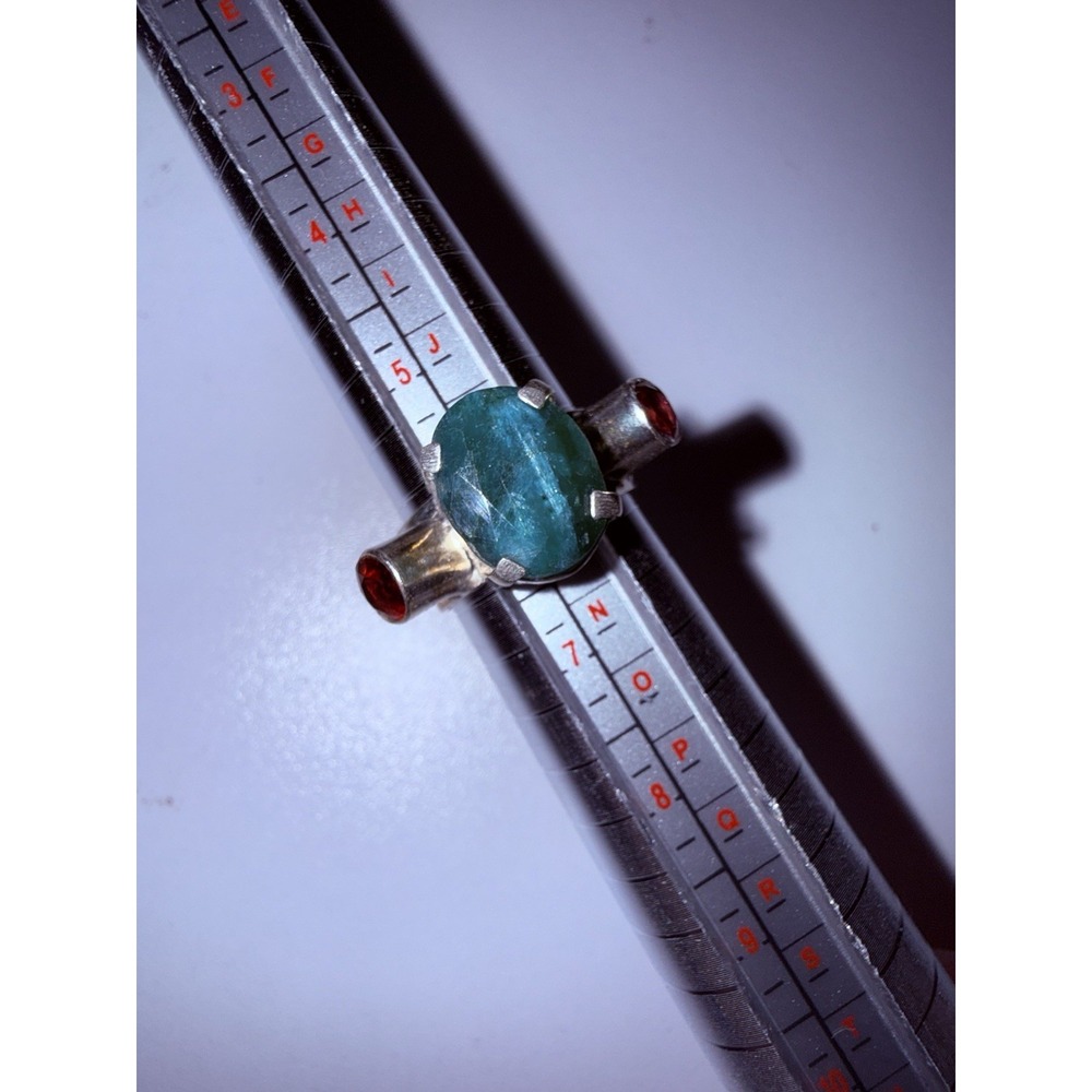 Vintage Natural Garnet & Emerald 925‎ Sterling Silver Filigree Ring Size 6